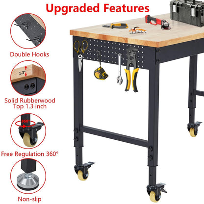 GarveeLife Adjustable Workbench,72 in x 25 in Heavy-Duty Rubber Wood Shop Table with 28.3-38.1 in Height Adjustment,2000 LBS Load Capacity,Garage Workbench with Power Outlets & Lockable Wheels