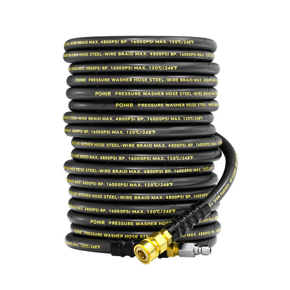 POHIR 3/8" Pressure Washer Hose 100ft 4800PSI, Power Washer Hose Steel Wire Braided with Swivel Quick Connect, Commercial Grade Industrial High Pressure Water Washing Hose (4800PSI, 100FT)