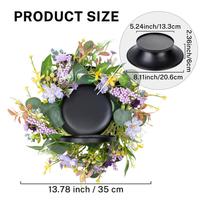 MOYEE Summer Candle Holder Centerpieces for Tables,Candle Ring, Black Metal Candlestick with an Artificial Wreath 14 in Versatile Dining Table Centrepiece (Purple Foam Flower Wreath)