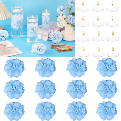 ZJGXH 24 Pcs Floating Candles for Centerpieces and Floating Flowers Vase Fillers for Centerpieces Artificial Blue Flowers for Wedding Party Home Table Decoration