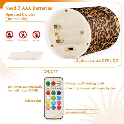 Qilmy Beautiful Leopard Print Flameless Candles 2PCS,Battery Operated LED Pillar Candles with Remote Control, Romantic Radiance Candles