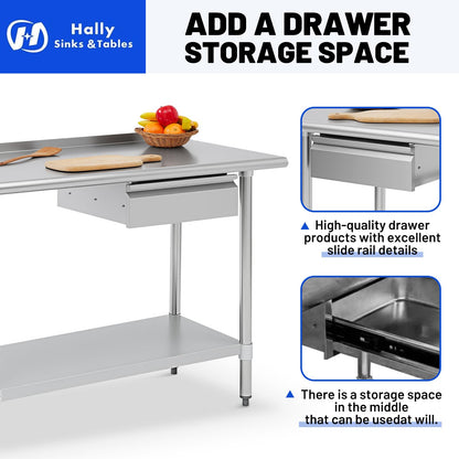Hally Stainless Steel Prep Table 24 x 48 Inch with Backsplash, NSF Certified Commercial Work Table with Drawer, Removable Stainless Steel Pan, Undershelf and Side Hook for Restaurant, Home, Garage