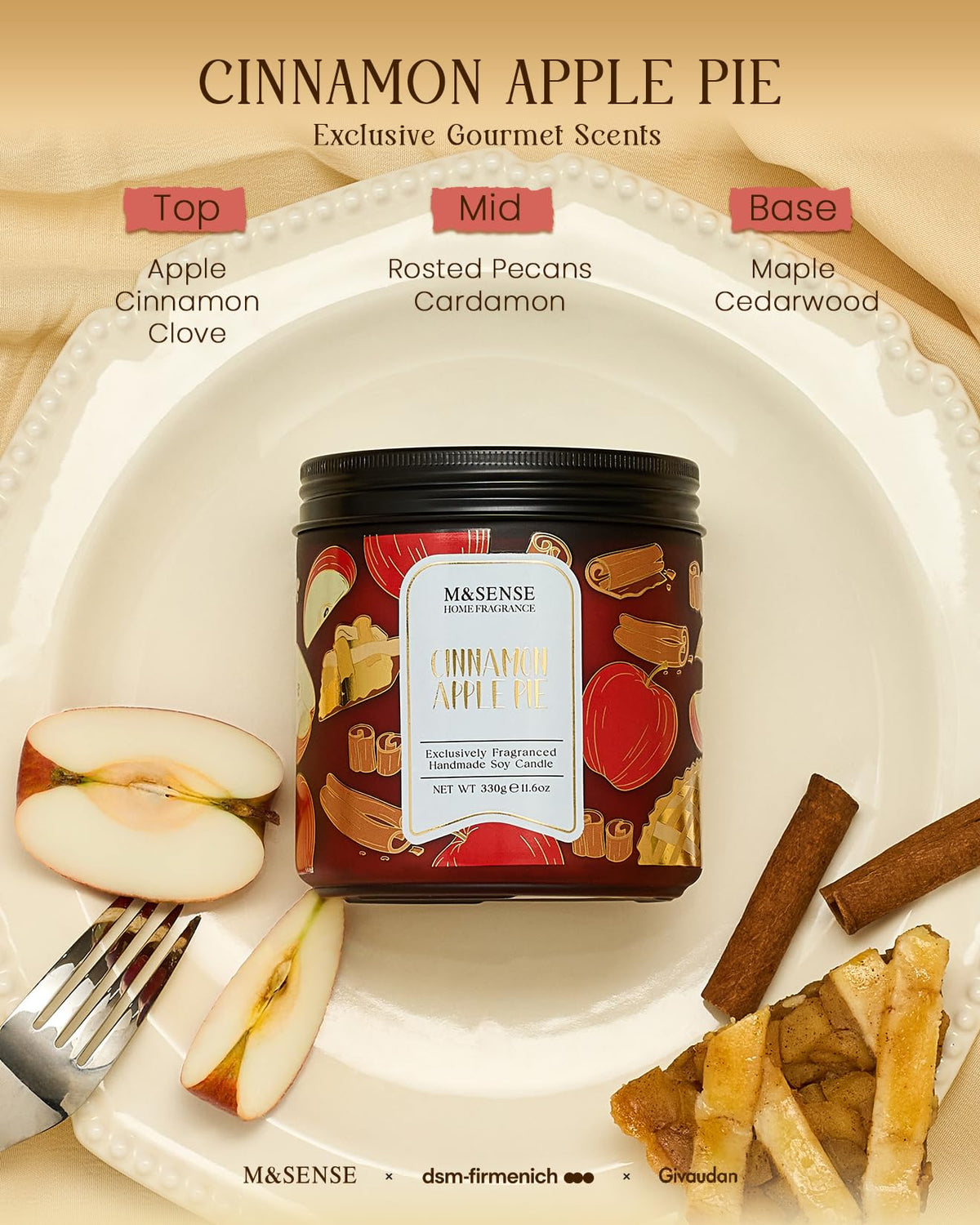 M&SENSE Christmas Candles Cinnamon Apple Scented, Soy Wax 11.6oz 70 Hours Long Lasting Burn, Holiday Candle for Kitchen Dining Room Fall Decor, Winter Relaxing Gifts for Women
