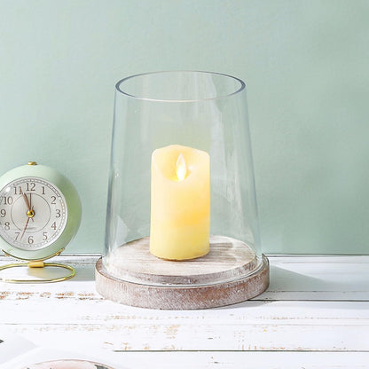 6" Wide Glass Hurricane Candle Holders with Handmade Sturdy Glass Sleeves and Distressed Brown Wood Base for Pillar Candle & Plants, Industrial, Farmhouse, Display Cloche Bell Jars, Table Centerpiece
