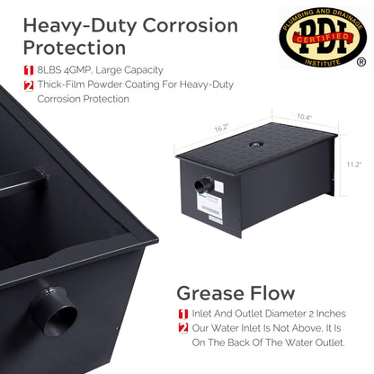 Wentworth 8 Pound Commercial Grease Traps for Restaurant Under Sink Kitchen, 4 GPM Carbon Steel Grease Interceptor Traps for Home Canteen Kitchen Wastewater Factory, WP-GT-4