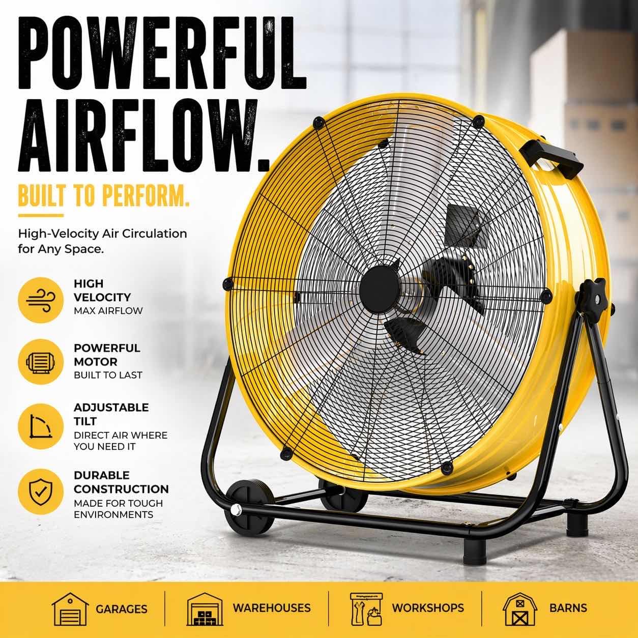 Uthfy 24 Inch High Velocity Industrial Fan, 8800CFM Heavy Duty Floor Drum Fan with 3 Speeds, 360° Tilt Metal Garage Fan with Wheels for Warehouse, Commercial, Workshop, Factory and Gym,Yellow