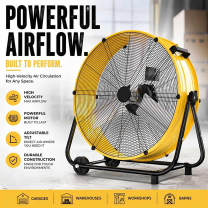 Uthfy 24 Inch High Velocity Industrial Fan, 8800CFM Heavy Duty Floor Drum Fan with 3 Speeds, 360° Tilt Metal Garage Fan with Wheels for Warehouse, Commercial, Workshop, Factory and Gym,Yellow