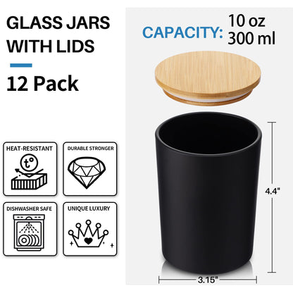 Aminigram 12 Pack, 10 oz Black Candle Jars with Bamboo Lids and Sticky Labels, Empty Glass Candle Jars for Making Candles, Morden Kitchen Bathroom Small Object Container - Dishwash Safe