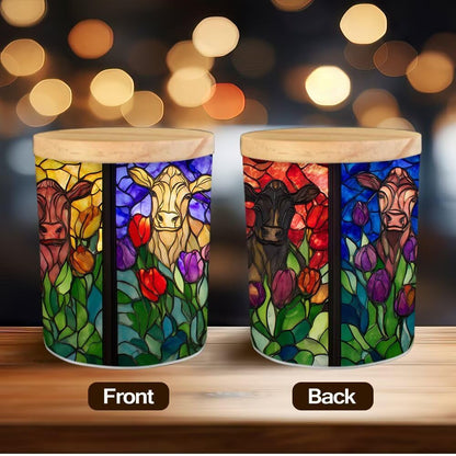 Stained Glass Cows Tea Light Candle Holders,Farmhouse Cattles Tealight Candle Holder Jar with Wooden Lid, Votive Candlesticks for Table Centerpieces, Christmas,Birthday Party,Home Decor