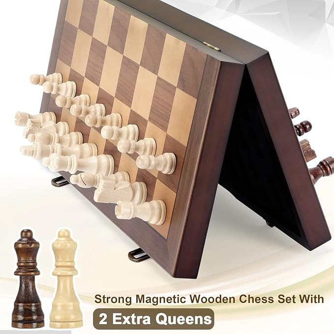 Magnetic Wooden Chess Set for Adults Kids 15'' Chess Board with Handmade Pieces Folding Portable Travel Unique Chess Sets Game for Tournament Professional Beginner