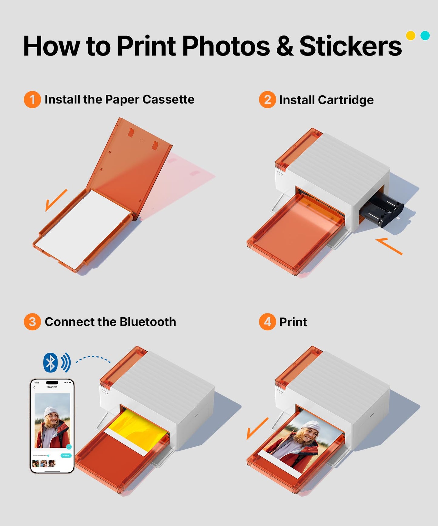 Liene Amber M110 Bluetooth Photo Printer 80 Sheets, Portable Photo Printer for iPhone, Thermal Dye Sublimation, Picture Printer 60 Sheets 4x6 Paper & 20 Sheets 3" Square Sticker Paper & 2 Cartridges