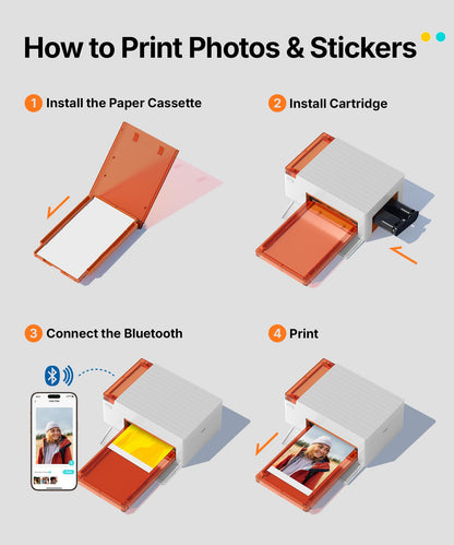 Liene Amber M110 Bluetooth Photo Printer 80 Sheets, Portable Photo Printer for iPhone, Thermal Dye Sublimation, Picture Printer 60 Sheets 4x6 Paper & 20 Sheets 3" Square Sticker Paper & 2 Cartridges