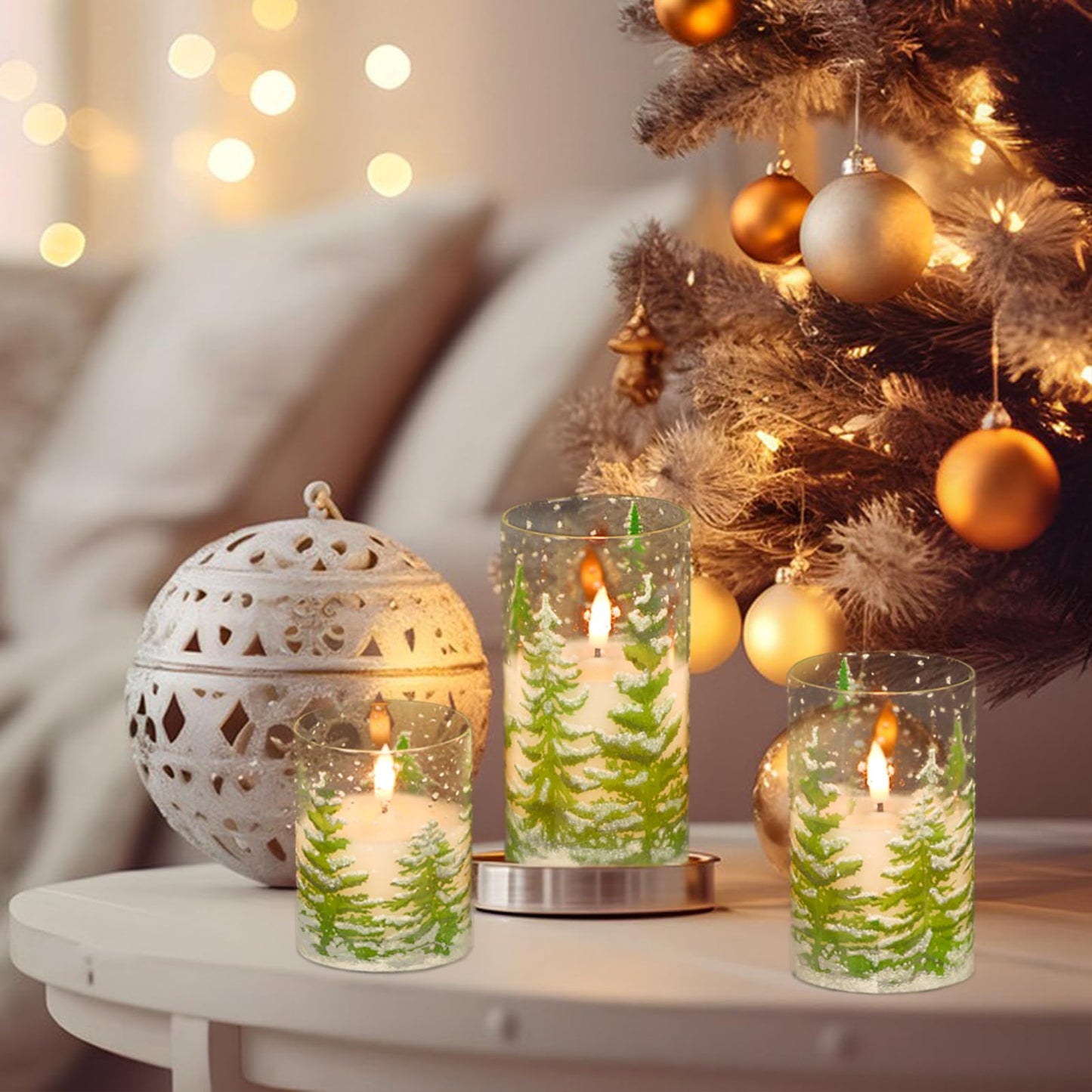Lasumora Glass Flameless Pillar Candles with Remote Timer, LED Christmas Tree Candles, Battery Operated Real Wax Flickering Candle 3D Wick for Home Décor Christmas Gifts, 3x4/5/6 inches
