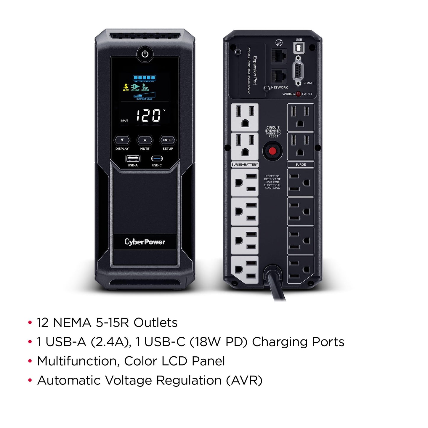 CyberPower BRG1500AVRLCD2 Intelligent LCD UPS Battery Backup and Surge Protector, 1500VA/900W, 12 Outlets 2 USB Ports, AVR, Mini-Tower, UL Certified, 5-Year Warranty