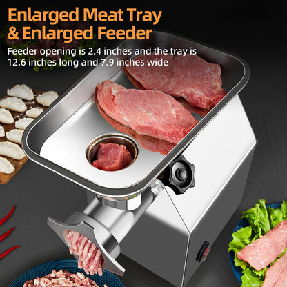 TERUISI Commercial Meat Grinder Heavy Duty, 1100W Electric Stainless Steel Meat Grinding Machine with 6/8mm Grinding Plates & Stuffing Tubes, Sausage Maker Meat Mincer 110V 350LBS/H