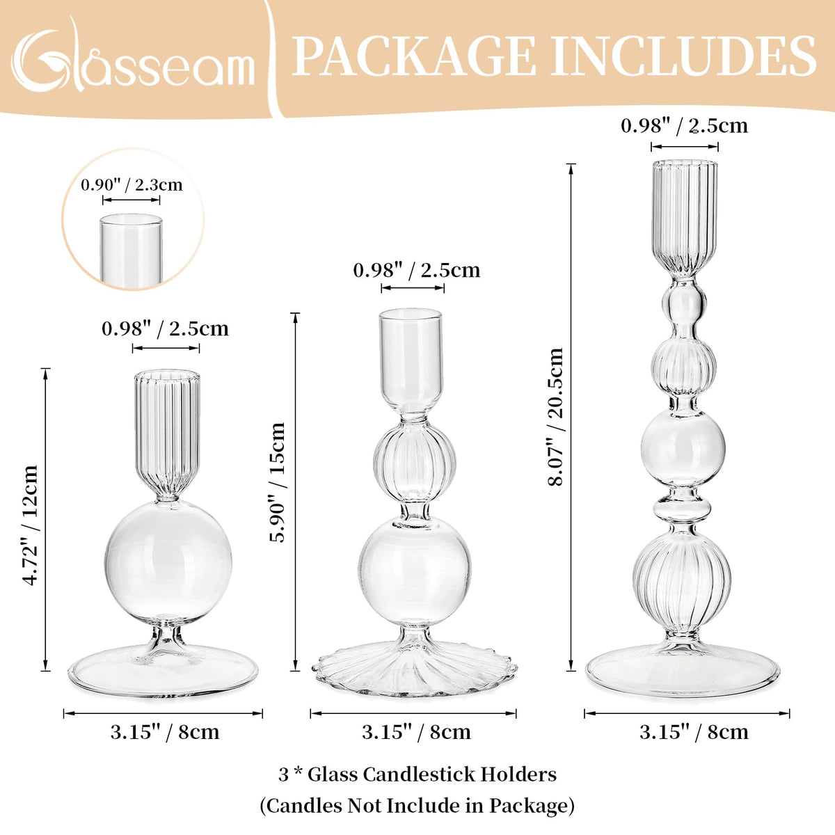 Glasseam Glass Candle Stick Holder: Clear Taper Candle Holders Set of 3 Modern Candlestick Holders for Taper Candles Decorative for Table Centerpiece Wedding Party Christmas Decorations