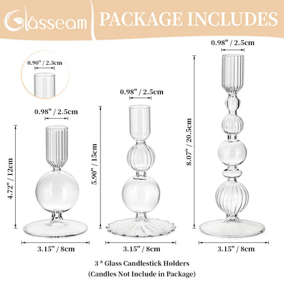 Glasseam Glass Candle Stick Holder: Clear Taper Candle Holders Set of 3 Modern Candlestick Holders for Taper Candles Decorative for Table Centerpiece Wedding Party Christmas Decorations