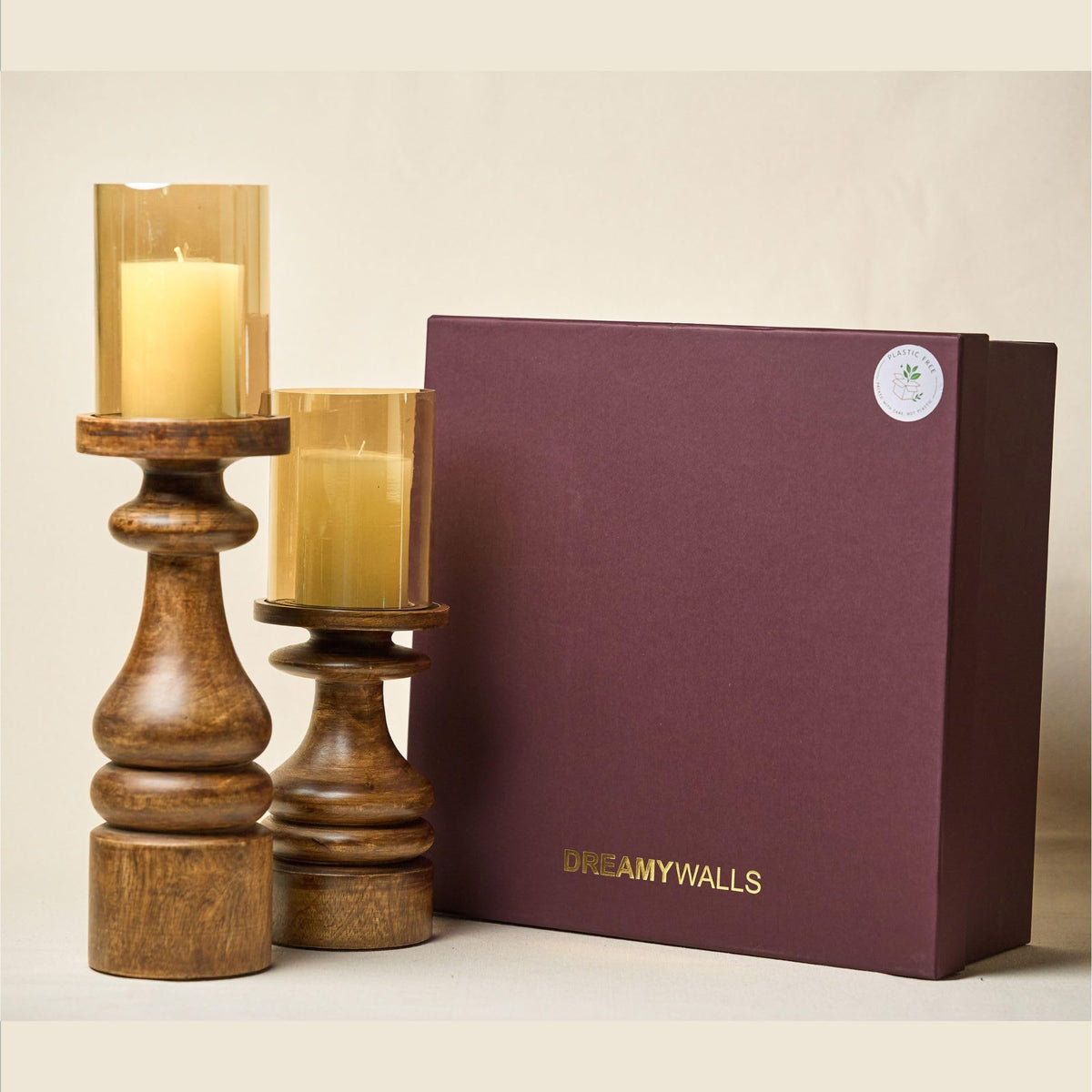 Dreamy Walls Wood Candle Holders Set of 2 Farmhouse Boho Pillar Candle Stands with Glass Covers Handmade Wooden Table Centerpiece Decor (Gift Box - with 2 Candles)