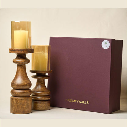 Dreamy Walls Wood Candle Holders Set of 2 Farmhouse Boho Pillar Candle Stands with Glass Covers Handmade Wooden Table Centerpiece Decor (Gift Box - with 2 Candles)