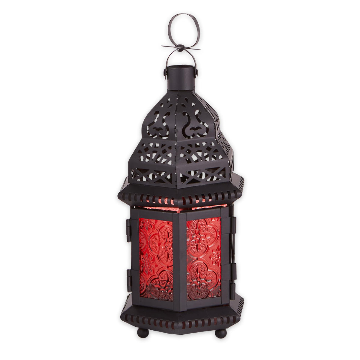 Zingz & Thingz Moroccan Style Candle Lantern Holder, Decorative Light Home Decor, Indoor & Outdoor, 10.25" Tall, Black with Red Glass