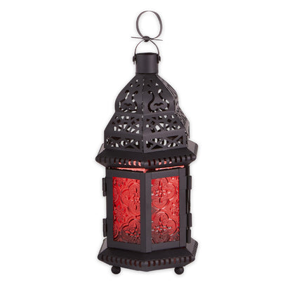 Zingz & Thingz Moroccan Style Candle Lantern Holder, Decorative Light Home Decor, Indoor & Outdoor, 10.25" Tall, Black with Red Glass