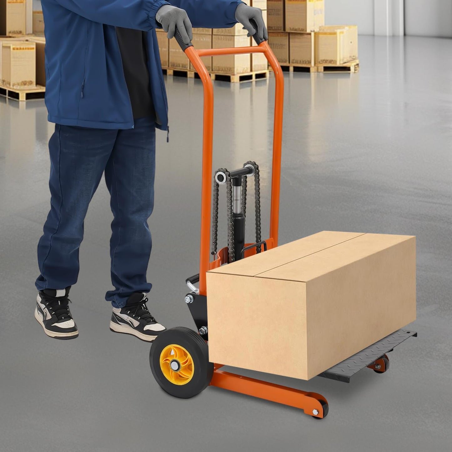 BRICZUNA Hydraulic Material Lift Pallet Truck Dolly Adjustable Forklift Stacker Pallet Jack Hydraulic Material Lift Winch Stacker for Workshops & Warehouses, Tangerine (35.43" H, Max. Load 577 Lbs)