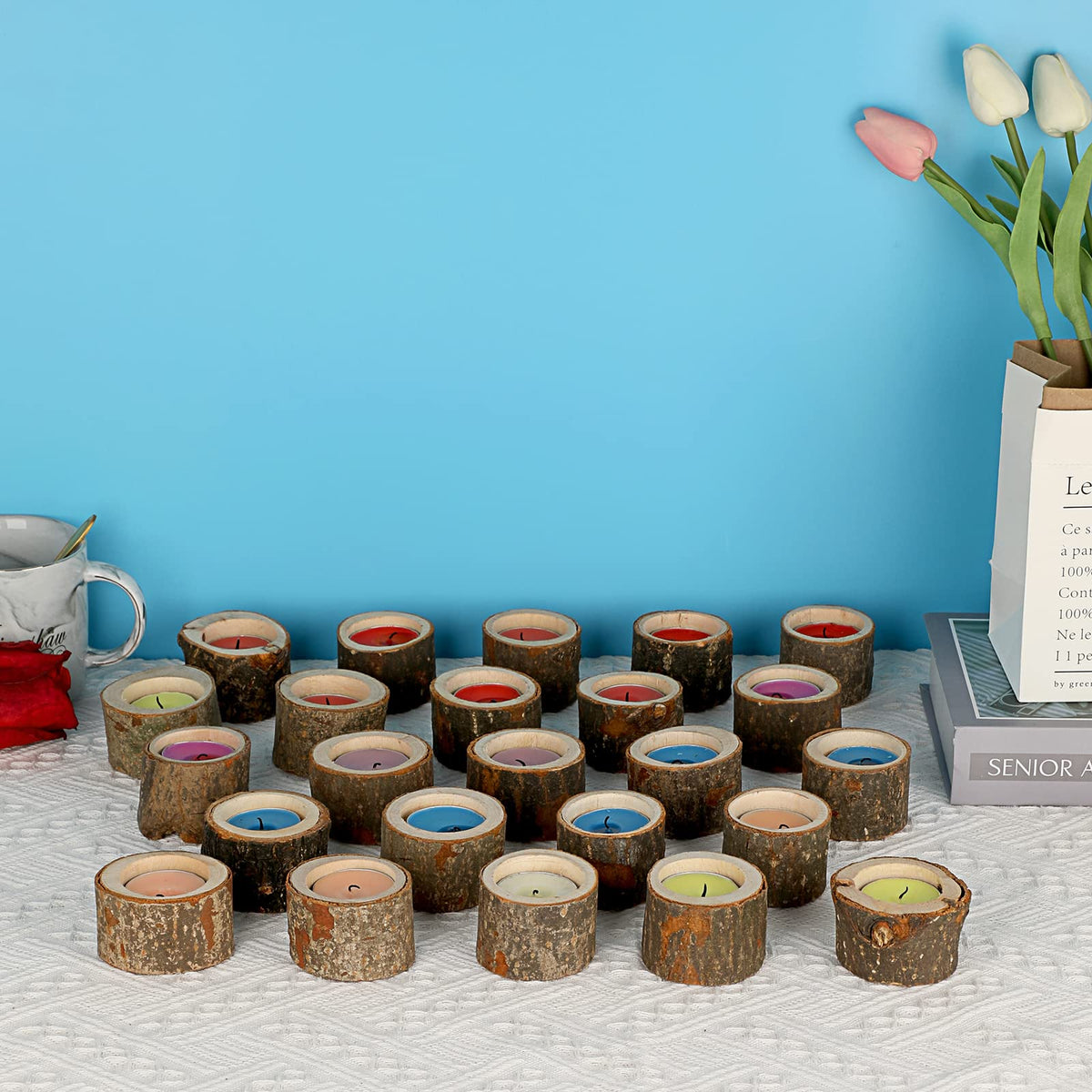 OwnMy Set of 24 Wooden Tea Light Candle Holders Votive Candle Holders, Rustic Wooden Pillar Candle Stands Vintage Tealight Holders Set Candle Centerpieces for Dining Table Wedding Party, 1.6" H