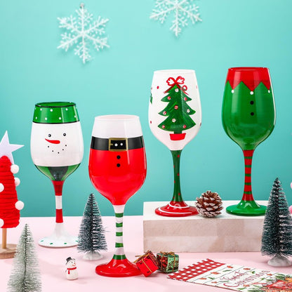 CPEGHDVM 4 Pcs Christmas Wine Glasses 16.8 Oz Set Santa Belt Snowman Drinking Goblets Cups Xmas Hand Painted Wine Cup Glass for Home Bar Diner Birthday Wedding Christmas Party Favors