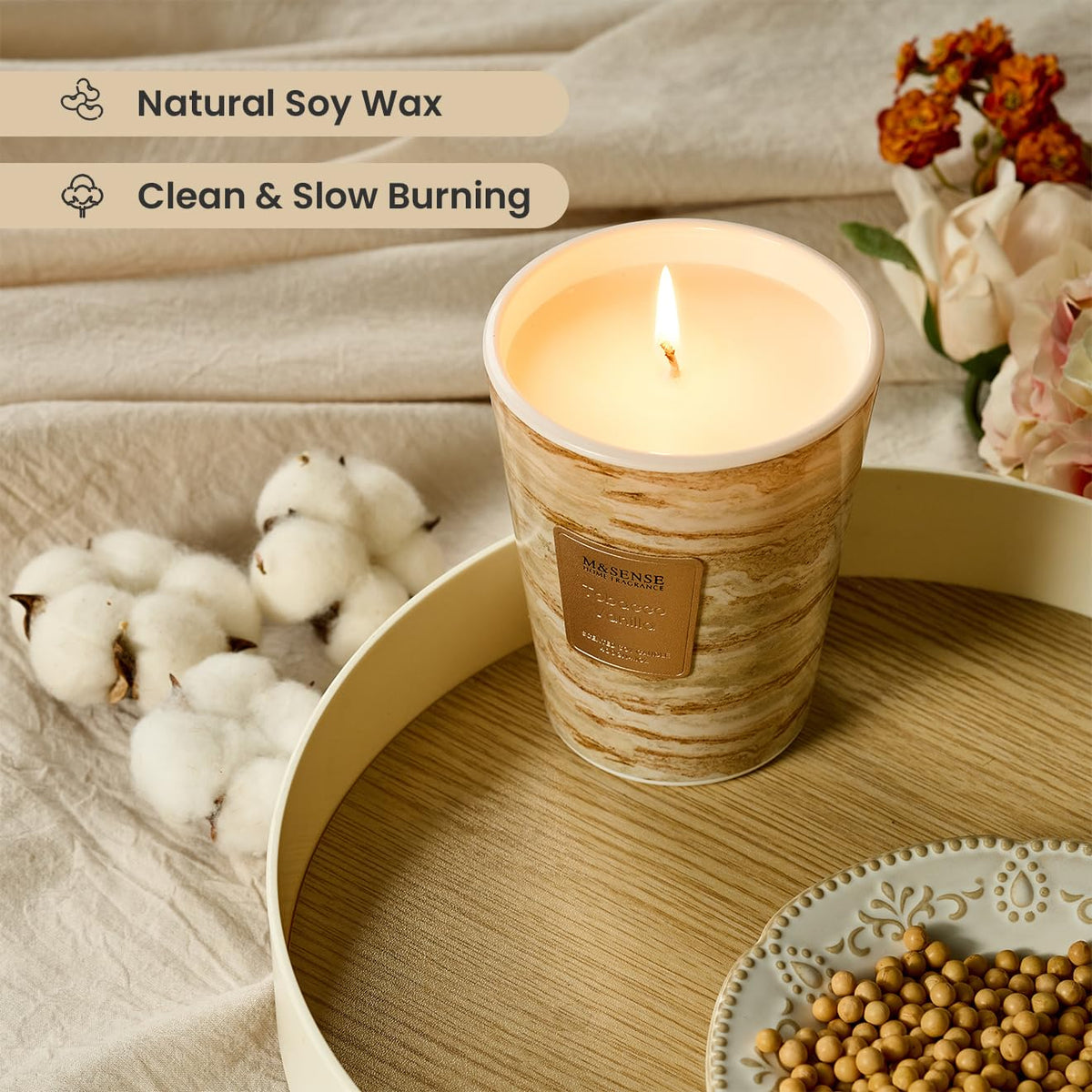 M&SENSE Tobacco Vanilla Scented Soy Candle, 3 Wick Highly Scented 14.1 Oz 75H, Aromatherapy Christmas Gift for Women and Men
