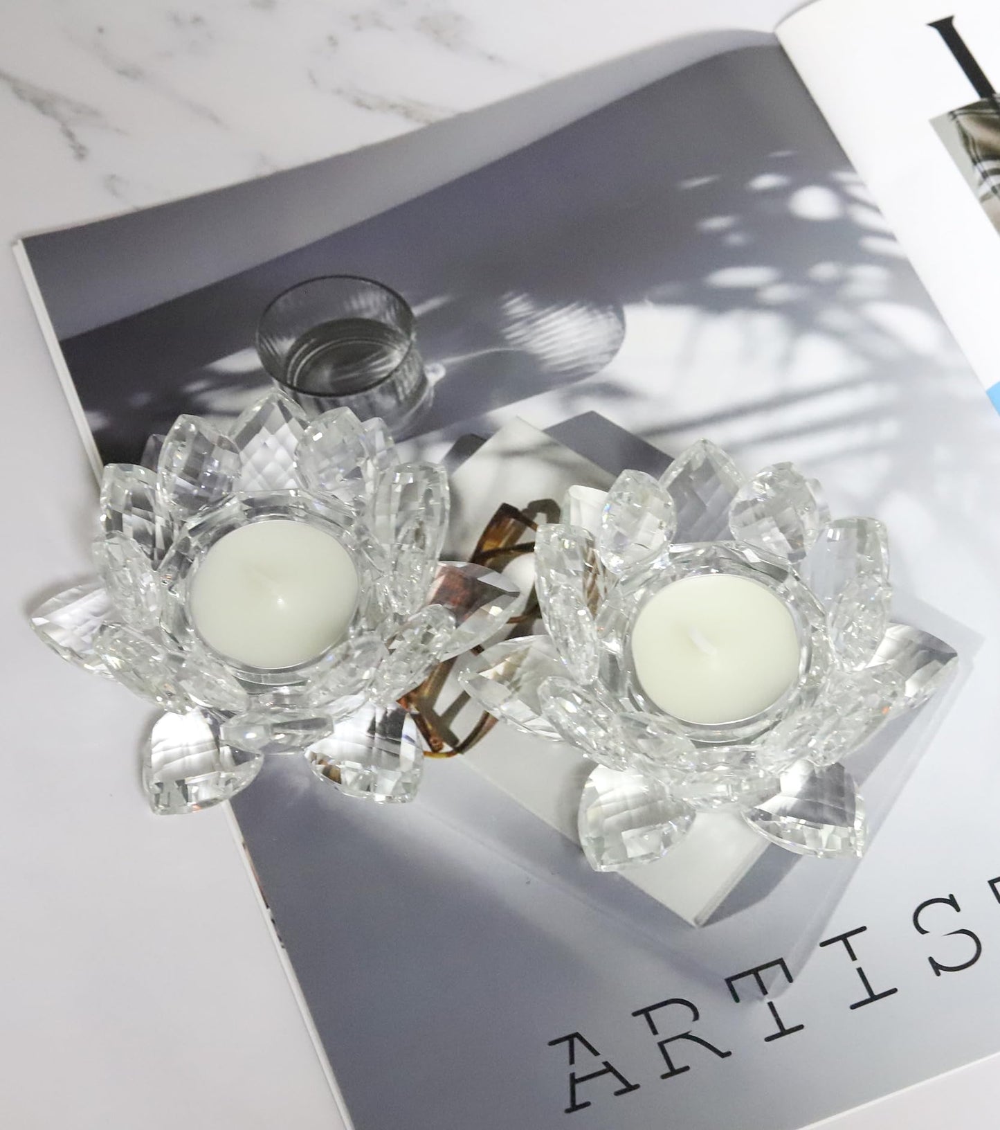 Aixita Crystal Lotus Flower Tealight Candle Holder Set of 2, Clear Glass Candlestick Holders, Pillar Votive Candle Holders for Table Centerpiece, Home Décor, Party, Wedding, Dinning