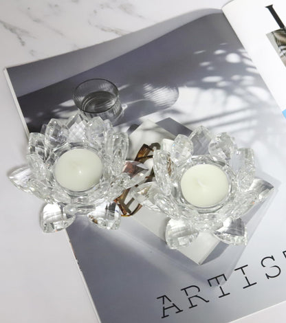 Aixita Crystal Lotus Flower Tealight Candle Holder Set of 2, Clear Glass Candlestick Holders, Pillar Votive Candle Holders for Table Centerpiece, Home Décor, Party, Wedding, Dinning
