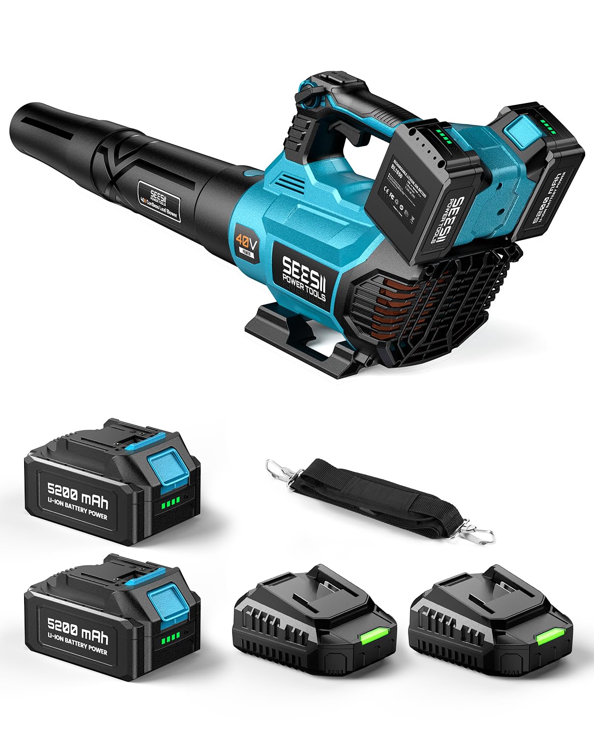 SEESII 40V Leaf Blower Cordless, 650CFM Brushless Motor Battery Powered Leaf Blower with 2 x 5.2Ah Batteries & 2 Chargers, Turbo Mode & 3 Speeds Control Electric Blower for Lawn Care/Light Snow/Debris