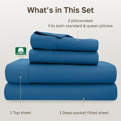 California Design Den Queen Cotton Sheet Set - Silky Smooth 400 TC Sateen Weave with Deep Pockets - Cobalt Blue