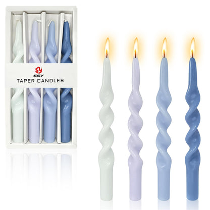 4Pcs Spiral Taper Candle Twisted Candlesticks Blue Gradient Handmade Candle Stick Light Blue Dinner Unscented Candles Long dripless Taper Candles for Home Décor Weddings Festive Seasons Holiday