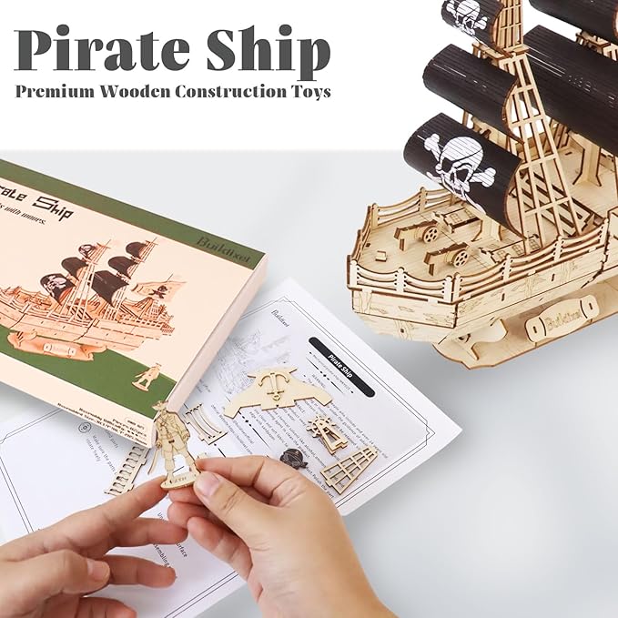 3D Wooden Puzzles for AdultsWooden Toy for Kids and AdultsModel Building KitEducational Brain TeaserBest Educational Christmas Birthday Day Gift for Friends (Wooden Pirate Ship)