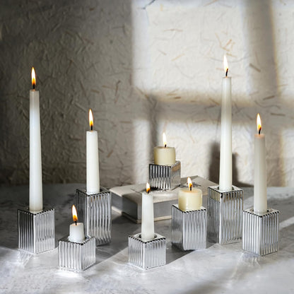 LETINE 12pcs Silver Vertical Stripe Glass Candlestick Holders - Chic Taper Candle Sticks Holder Set for Elegant Dining & Home Decor - Ideal for Valentine's Day, Halloween, Thanksgiving