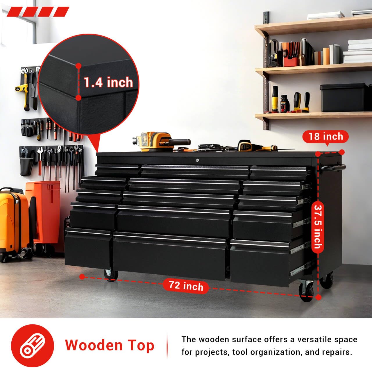 CT Copper Tailor 72-inch Rolling Tool Chest with 15 Drawers and Wheels, Mobile Garage Workbench, Large Tool Box Storage Tool Cabinet with Wood Top for Workshop, Matte Black