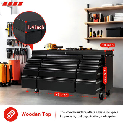 CT Copper Tailor 72-inch Rolling Tool Chest with 15 Drawers and Wheels, Mobile Garage Workbench, Large Tool Box Storage Tool Cabinet with Wood Top for Workshop, Matte Black