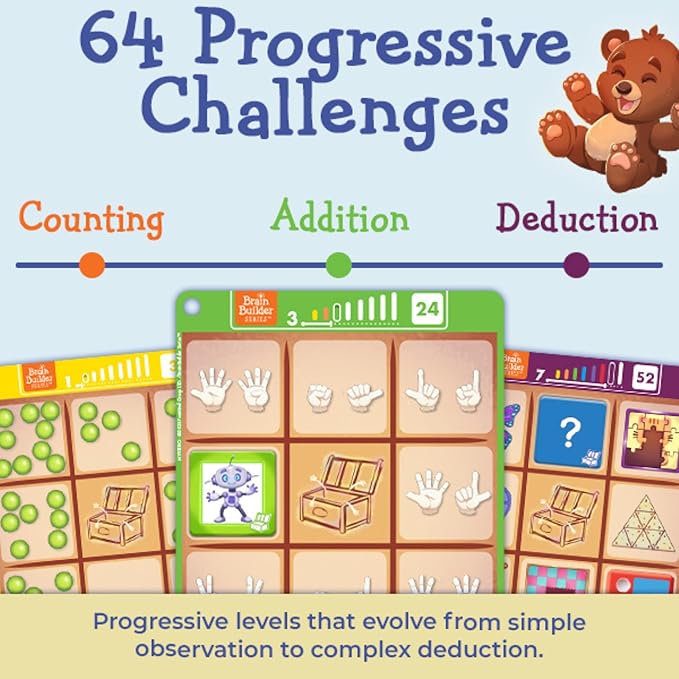 FoxMind Games Mystero – Multi-Level BrainTeaser Puzzles for Kids Ages 4+ STEM Game Develops Math Logic &amp Reasoning Skills 64 Progressive Challenges (Brain Builder Series)