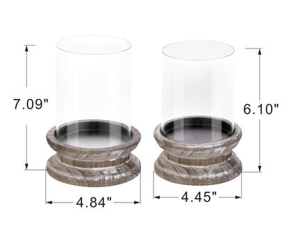 Set of 2 Glass Hurricane Candle Holders for Pillars with Florence Style Solid Wooden Base Crafted from Pine in Distressed Brown, Farmhouse Candlestick Holder, Centerpiece for Home, Table, Mantel