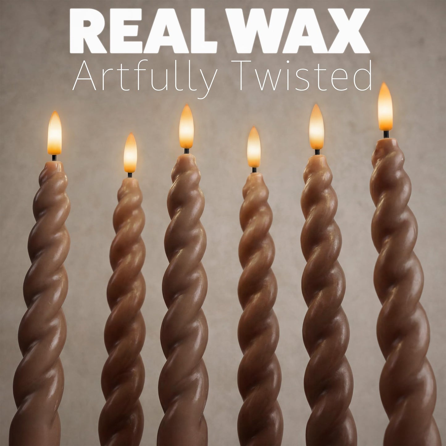 WYZworks 10" Flameless LED Taper Candles – Full Twisted Spiral – Brown, Set of 6 – Remote, 2/4/6/8-Hr Timer (24-hr Memory), Bottom On/Off Button, Dimmable, Battery Operated, Flicker/Steady