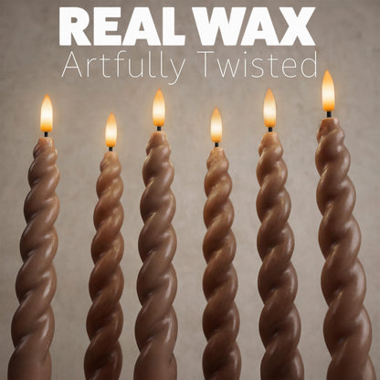 WYZworks 10" Flameless LED Taper Candles – Full Twisted Spiral – Brown, Set of 6 – Remote, 2/4/6/8-Hr Timer (24-hr Memory), Bottom On/Off Button, Dimmable, Battery Operated, Flicker/Steady