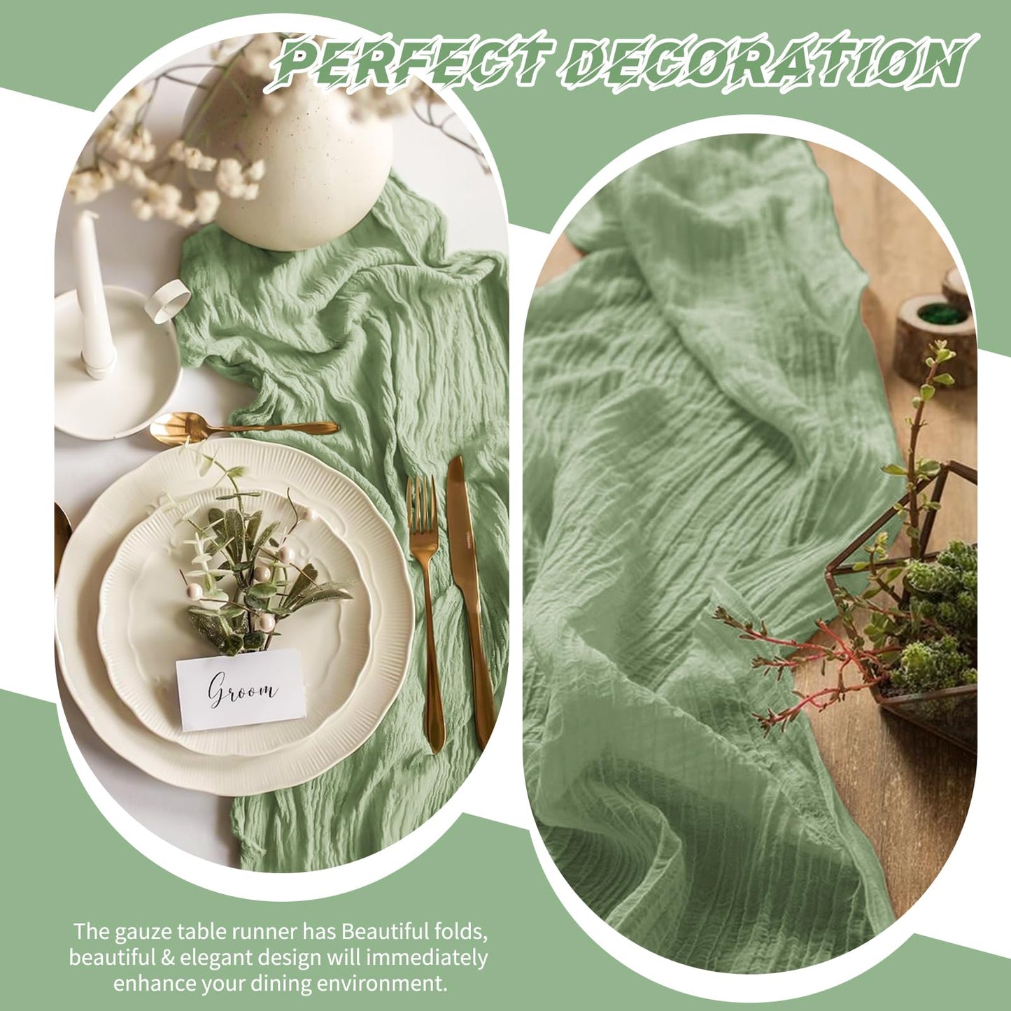 10 Pack Sage Green Cheesecloth Table Runner 17x108 Inch Boho Gauze Cheese Cloth Table Runners for Wedding Party Baby Shower Birthday Home Decor