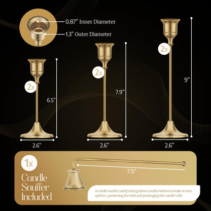 Gold Candleholders for Taper Candlesticks Plus Candle Snuffer – Dining Table Décor Centrepiece - Brass Candelabra Candlestick Holder - Gold Décor for Home Weddings Celebrations Events (Set of 6 Pcs)