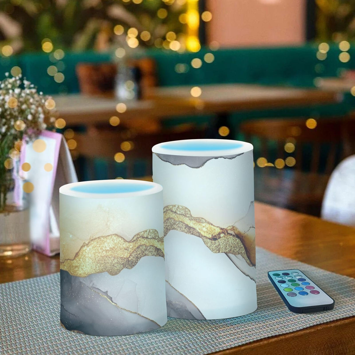 famyily Marble White Brown Flameless Pillar Candle Flameless Candle Lantern with Color Changing for Centerpiece 4" 5" Set of 2
