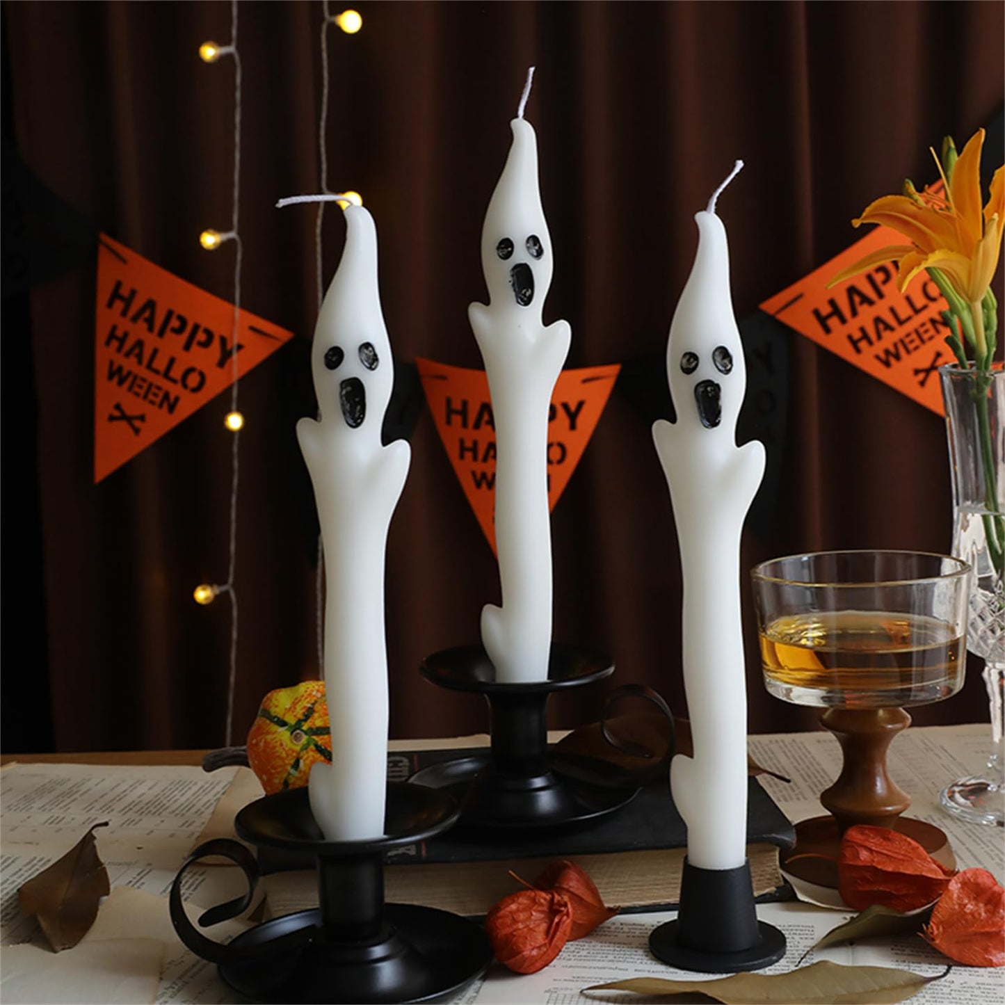 Ghoest Tapered Candle White Candlesticks,Halloween Taper Candles Unscented Church Candles Long Candle Sticks for Harry Potty Party Wedding Home Decor
