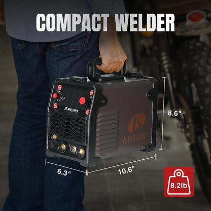 LOTOS OPTIMA 150A MIG Welder, 3-in-1 Synergic MIG Flux Core/MMA/TIG Welding Machine, 120V Portable IGBT Inverter with Large LED Display, 2T/4T/Spot Modes, Wire Feed 0.030"/0.035"