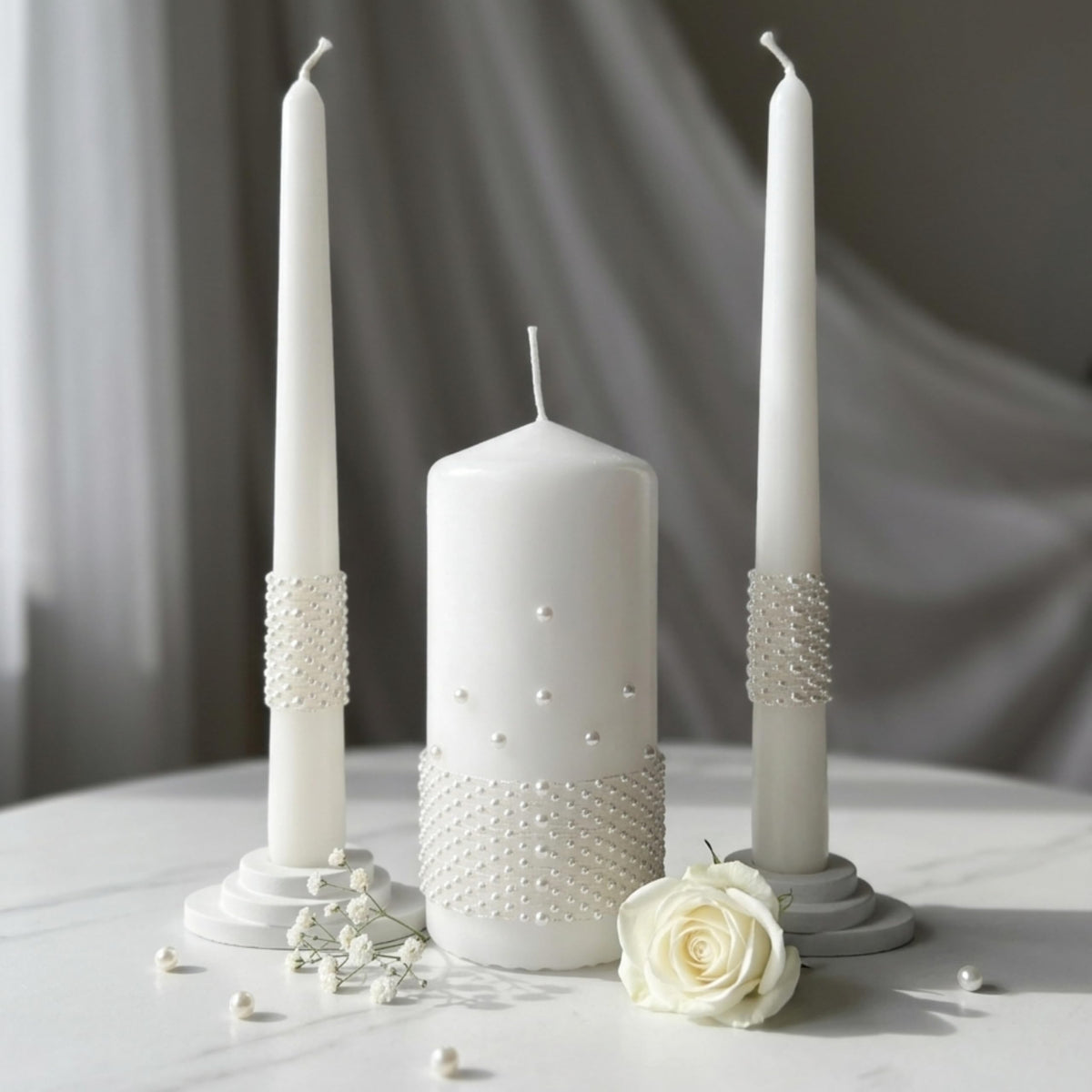 Magik Life Unity Candle Set - Wedding Ceremony & Reception Candle– 6” Pillar & Two 10” Taper Candles – Long Burning Unity Candles for Marriage Ritual – Handmade in USA – White |Pearls| Luxury