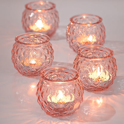 DARJEN Pink Votive Candle Holders Set of 24- Round Glass Candle Holders Bulk for Flameless LED Tea Waxes, Romantic Candle Holder for Wedding & Home Table Decor, Various Parties