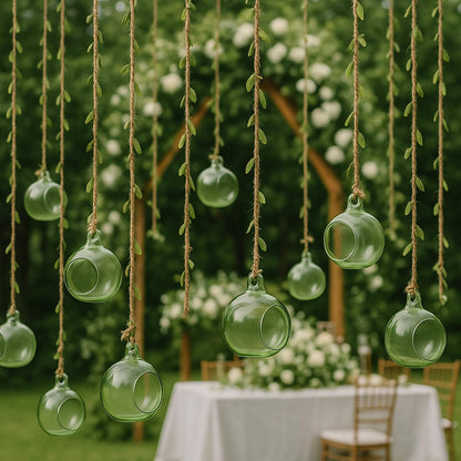 GlikCeil 26 Pcs 3.15'' Hanging Glass Candle Holder with Burlap Leaf Ribbon, Glass Orbs Air Plants Tea Light Candle Holders, Globe Plant Terrariums for Decor Indoor Outdoor Garden DIY (Green)